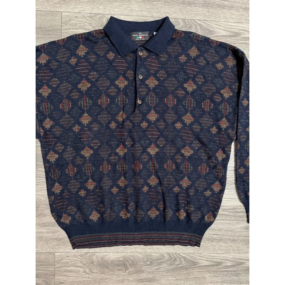 Vintage 80s The Italian Sweater Men L Wool Blend Navy Diamond Knit Polo Sweater